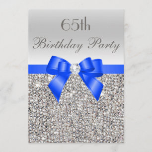 65th Birthday Silver Sequin Royal Blue Bow Diamond Invitation