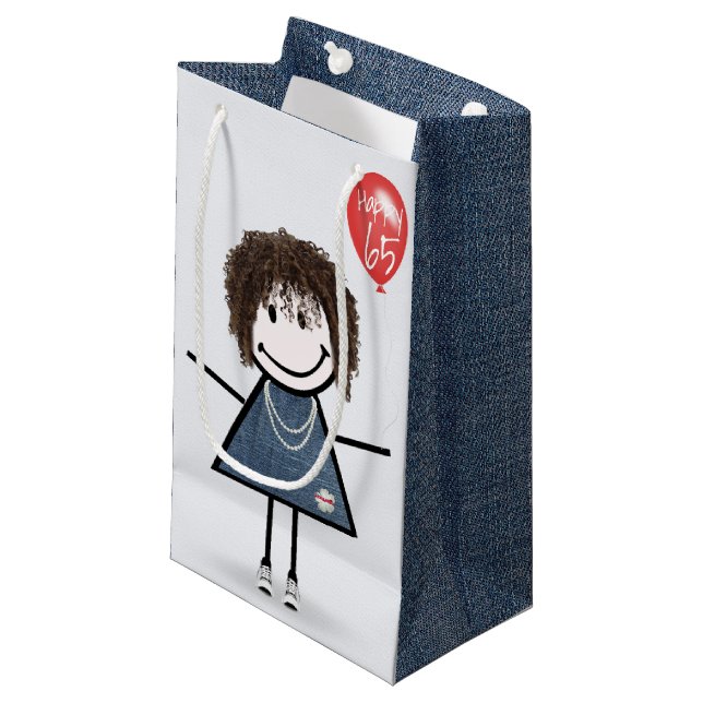 65th Birthday Stick Figure Girl with Balloon Small Gift Bag (Front Angled)