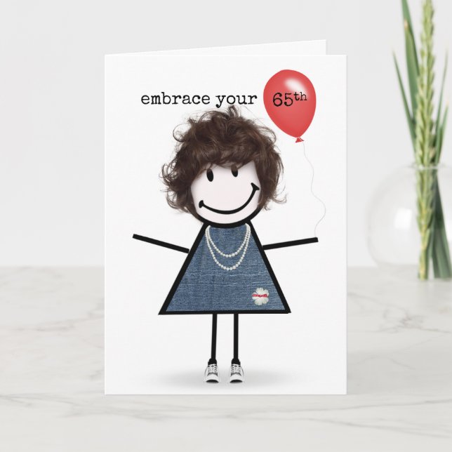 65th Birthday Stick Figure Girl with Red Balloon Card (Front)