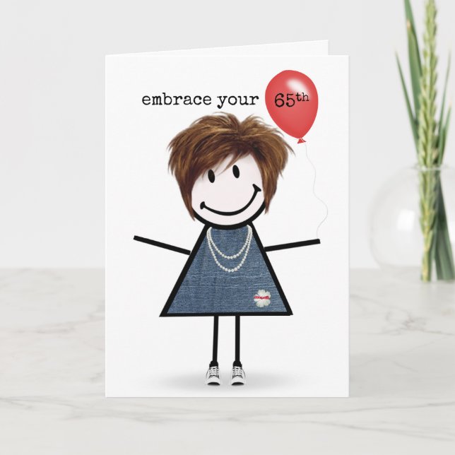 65th Birthday Stick Figure Girl with Red Balloon  Card (Front)