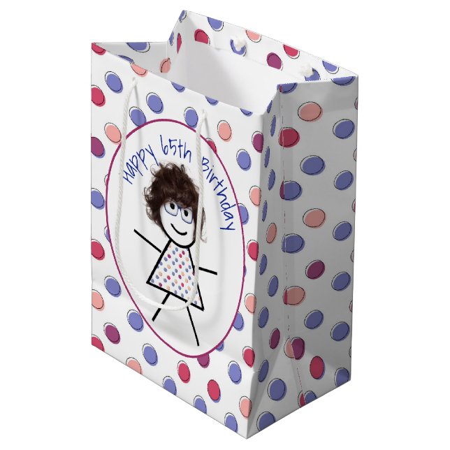 65th Birthday Stick Girl on Polka Dots   Medium Gift Bag (Front Angled)