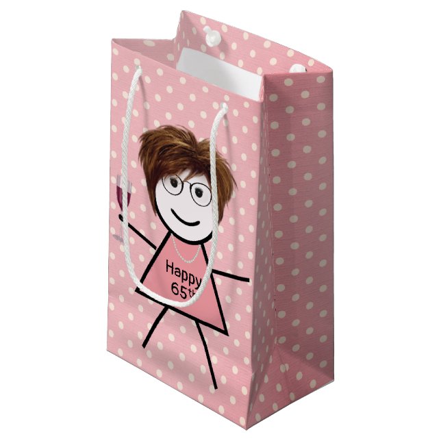 65th Birthday Stick Girl On Polka Dots  Small Gift Bag (Front Angled)