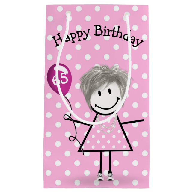 65th Birthday Stick Girl with Pink Balloon  Small Gift Bag (Front)