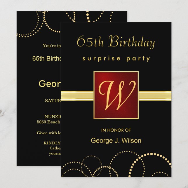 65th Birthday Surprise Party - Elegant Monogram Invitation (Front/Back)