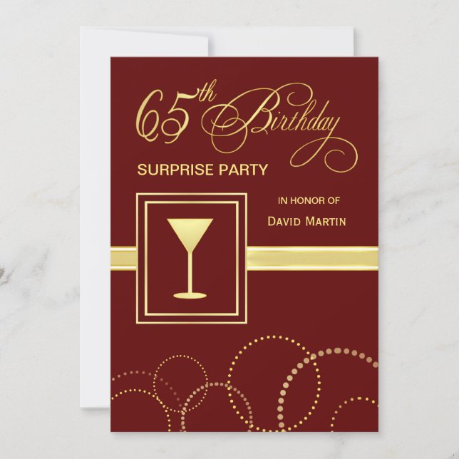 65th Birthday Surprise Party Invitation - Burgundy (Front)