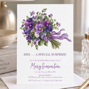 65th Birthday Surprise Party Purple Floral Bouquet Invitation