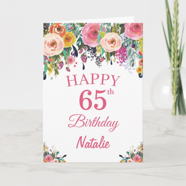 65th Birthday Watercolor Floral Flowers Pink Card (Front)