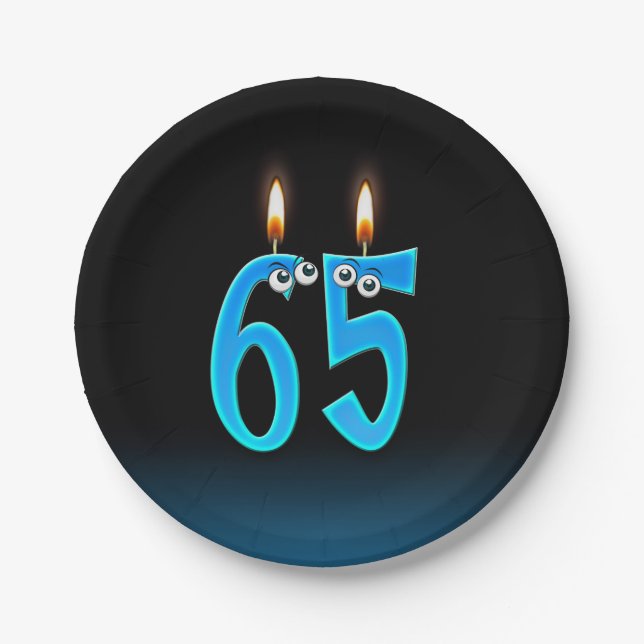 65th Birthday with lit candle numbers Paper Plate (Front)