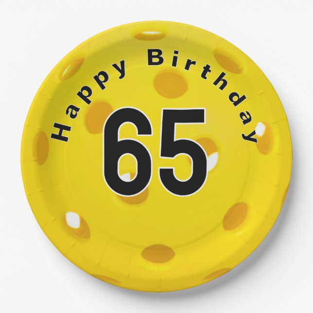 65th Birthday Yellow Pickleball Paper Plate (Front)