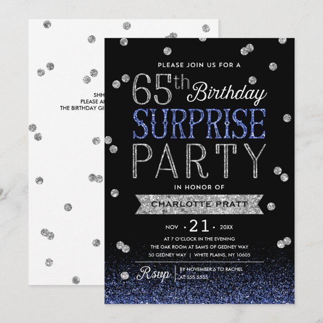 65th Blue Silver Glitter Confetti Surprise Party Invitation (Front/Back)
