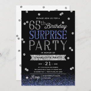65th Blue Silver Glitter Confetti Surprise Party Invitation