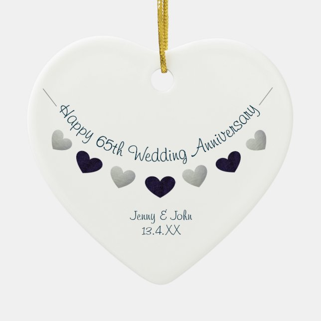 65th bunting wedding anniversary husband & wife ceramic tree decoration (Front)