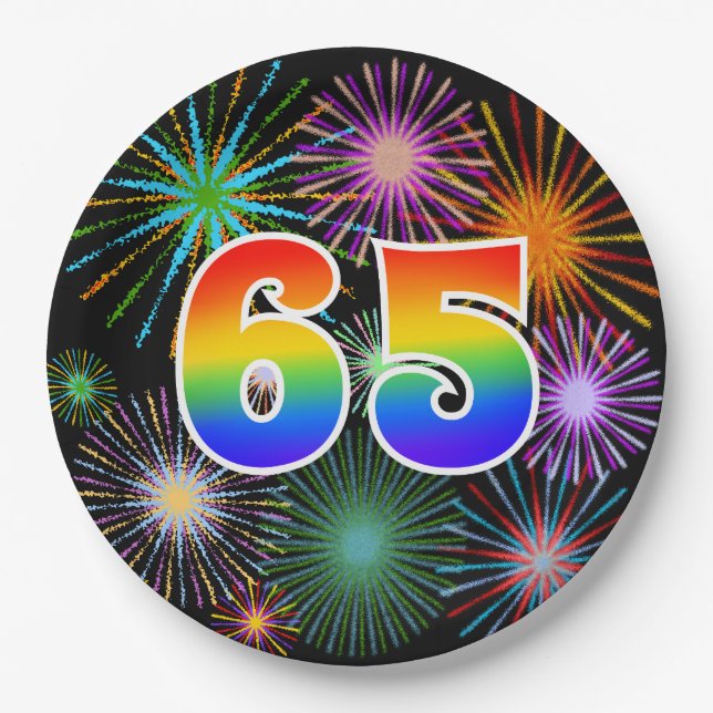 65th Event - Fun, Colourful, Bold, Rainbow 65 Paper Plate (Front)
