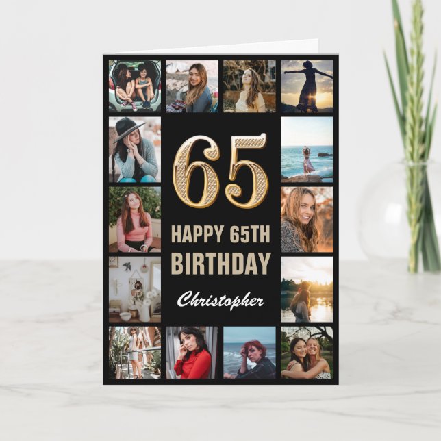 65th Happy Birthday Black and Gold Photo Collage Card (Front)