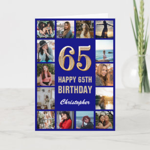 65th Happy Birthday Navy Blue & Gold Photo Collage Card