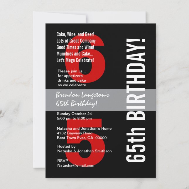 65th Modern Birthday Black White Red Template A08A (Front)