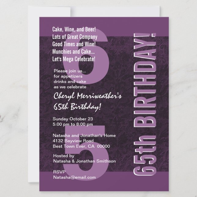 65th Modern Birthday Party Purple For Her F530 Invitation (Front)