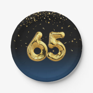 65th Party Balloons And Gold Confetti  Paper Plate