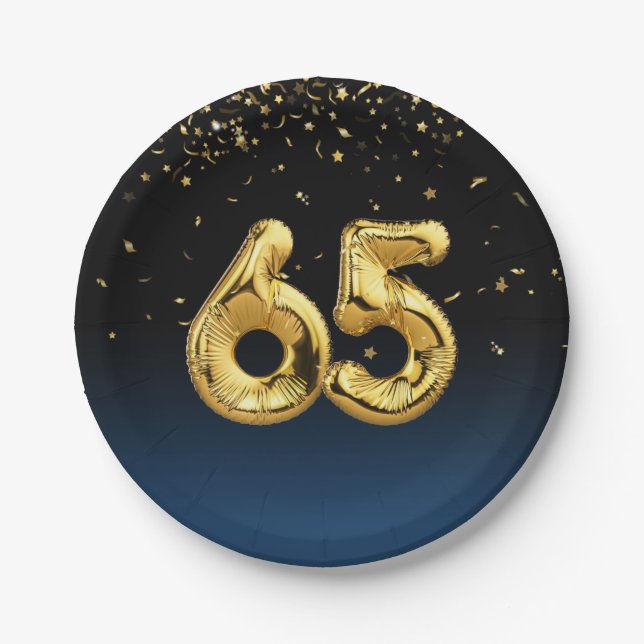 65th Party Balloons And Gold Confetti  Paper Plate (Front)