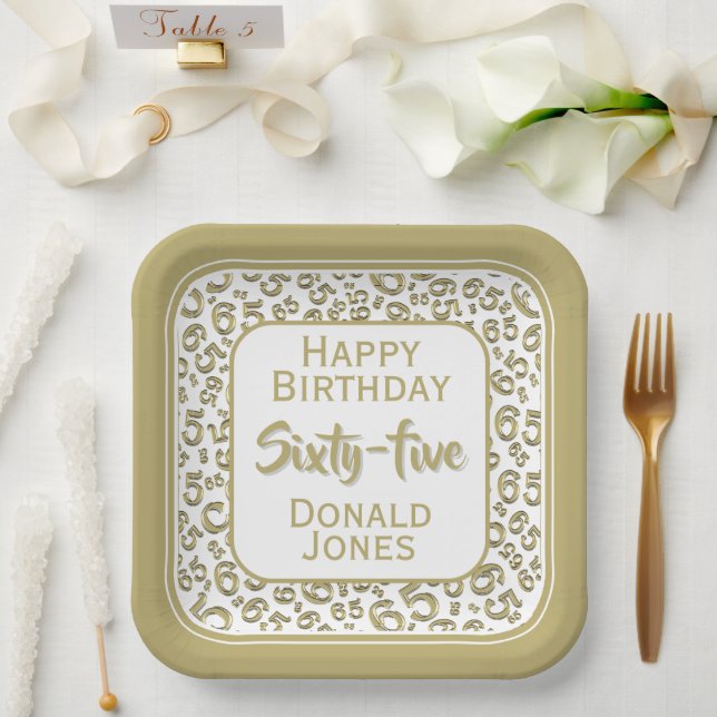 65th Party Random Number Pattern Gold/White Paper Plate (Wedding)