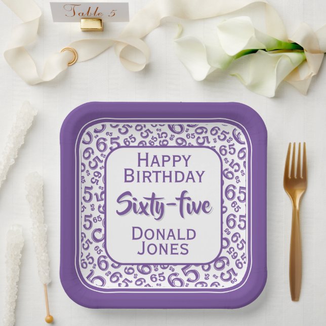 65th Party Random Number Pattern Purple/White Paper Plate (Wedding)