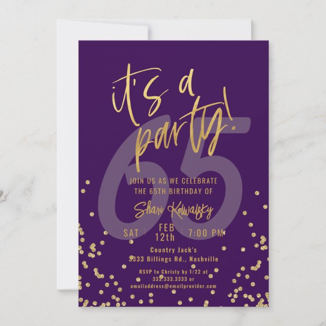 65th Purple and Gold Fun Birthday Party Invitation (Front)