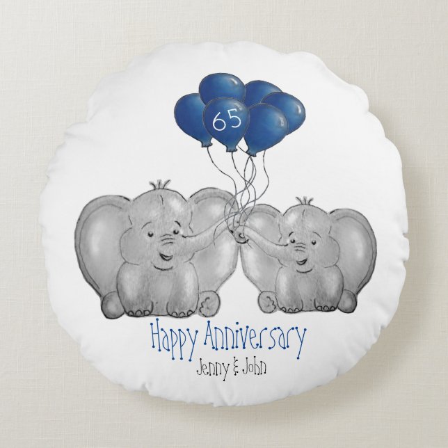 65th sapphire wedding anniversary elephant round cushion (Front)
