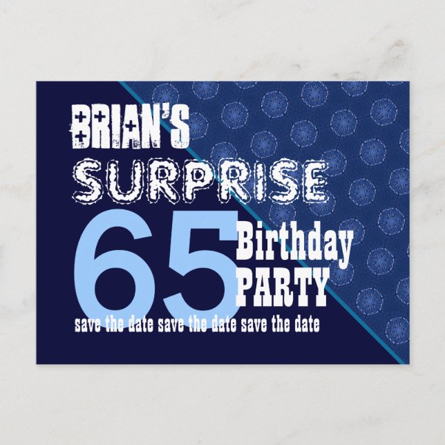 65th Surprise Birthday Save the Date Diagonal VB18 Announcement Postcard (Front)