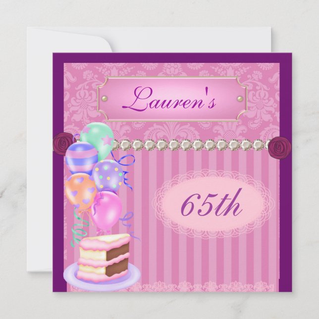 65th Vintage Pink Birthday Damask Invitation (Front)