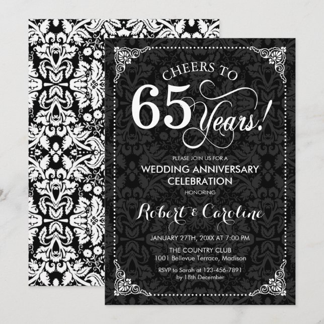 65th Wedding Anniversary - Black White Damask Invitation (Front/Back)