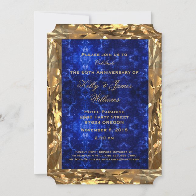 65th Wedding Anniversary Gold Blue Sapphire Chic Invitation (Back)