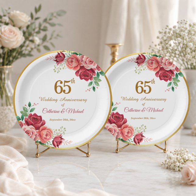 65th Wedding Anniversary Gold Frame Floral Paper Plate (Creator Uploaded)