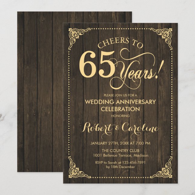 65th Wedding Anniversary - Gold Wood Invitation (Front/Back)