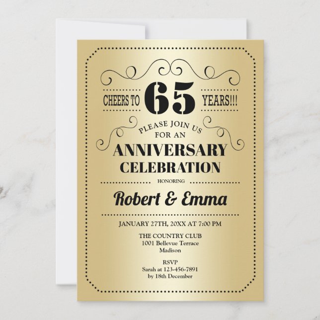 65th Wedding Anniversary Party - Gold Black Invitation (Front)