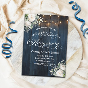 65th Wedding Anniversary Rustic Blue String Lights Invitation