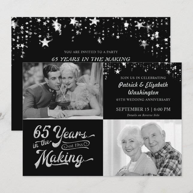 65th Wedding Anniversary Then & Now Photos Stars Invitation (Front/Back)