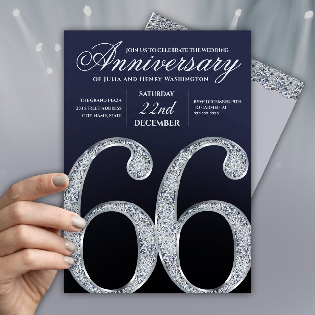 66th Anniversary Diamond Silver Navy Blue Modern Invitation (Creator Uploaded)