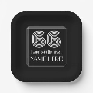 66th Birthday — Art Deco Inspired Look “66” + Name Paper Plate