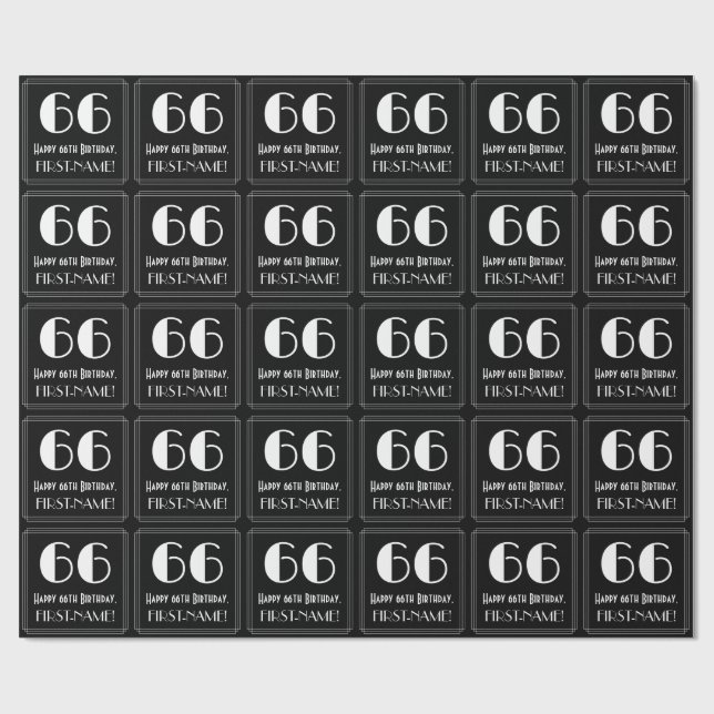 66th Birthday - Art Deco Inspired Look "66", Name Wrapping Paper (Flat)
