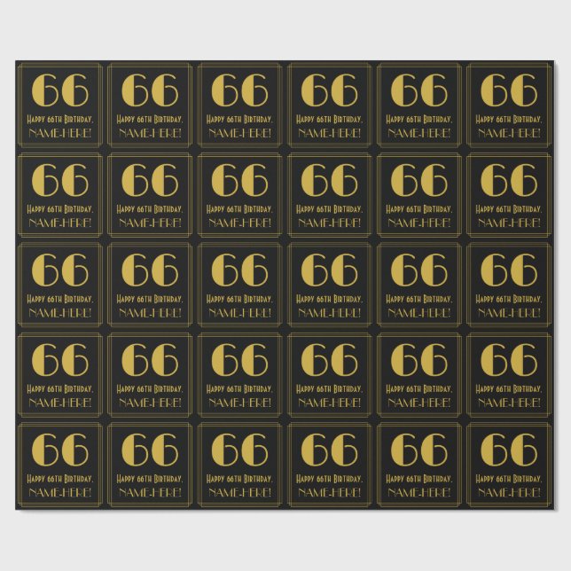 66th Birthday ~ Art Deco Inspired Look "66", Name Wrapping Paper (Flat)