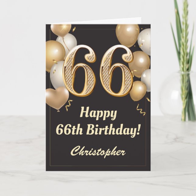 66th Birthday Black and Gold Balloons Confetti Card (Front)