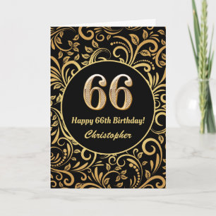 66th Birthday Black and Gold Floral Pattern Card