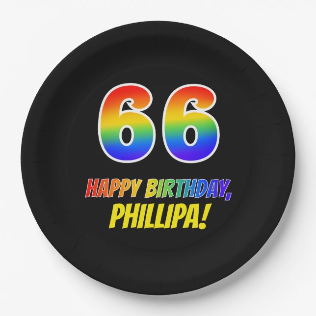 66th Birthday: Bold, Fun, Simple, Rainbow 66 Paper Plate (Front)