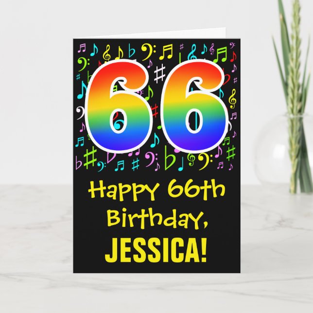 66th Birthday: Colorful Music Symbols + Rainbow 66 Card (Front)