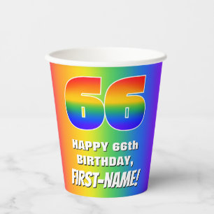 66th Birthday: Colourful, Fun Rainbow Pattern # 66 Paper Cups