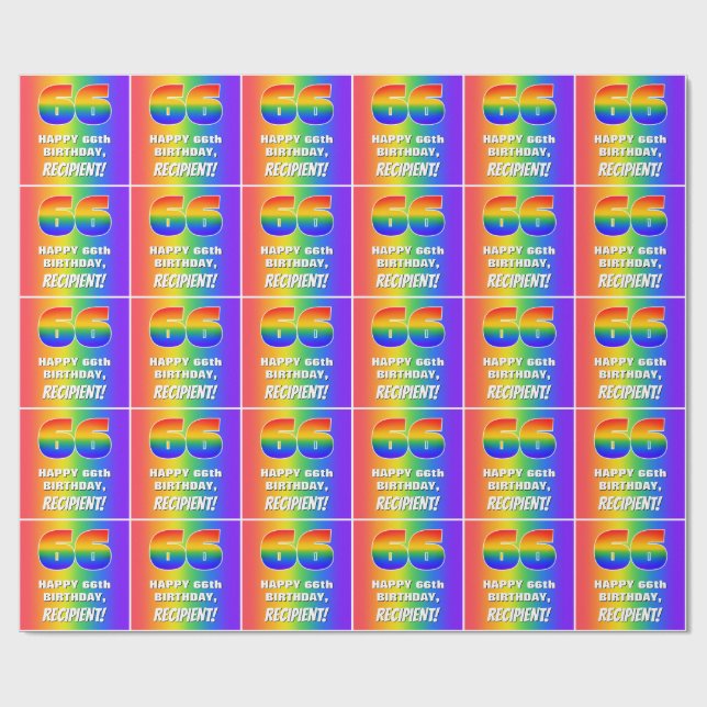 66th Birthday: Colourful, Fun Rainbow Pattern # 66 Wrapping Paper (Flat)