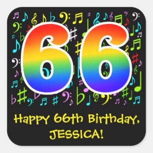 66th Birthday: Colourful Music Symbols, Rainbow 66 Square Sticker