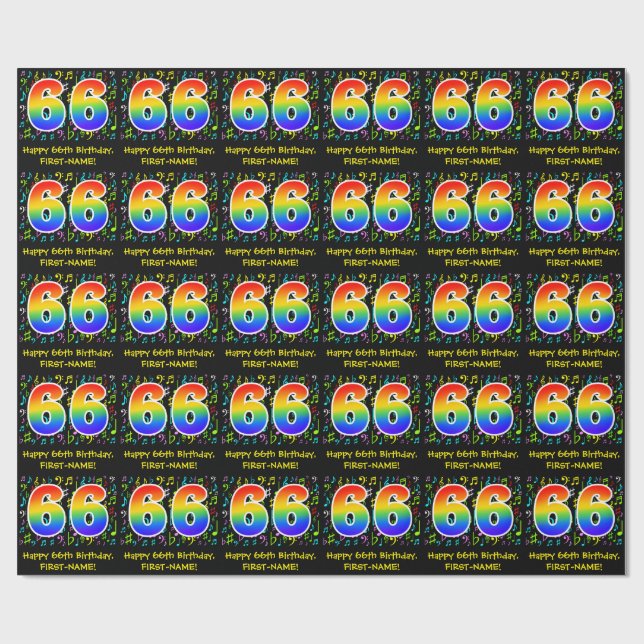 66th Birthday: Colourful Music Symbols, Rainbow 66 Wrapping Paper (Flat)
