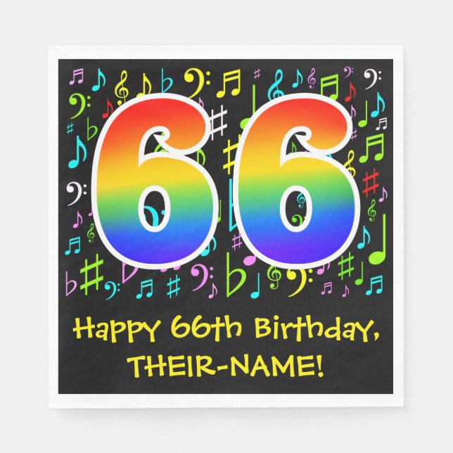 66th Birthday - Colourful Music Symbols, Rainbow 6 Napkin (Front)