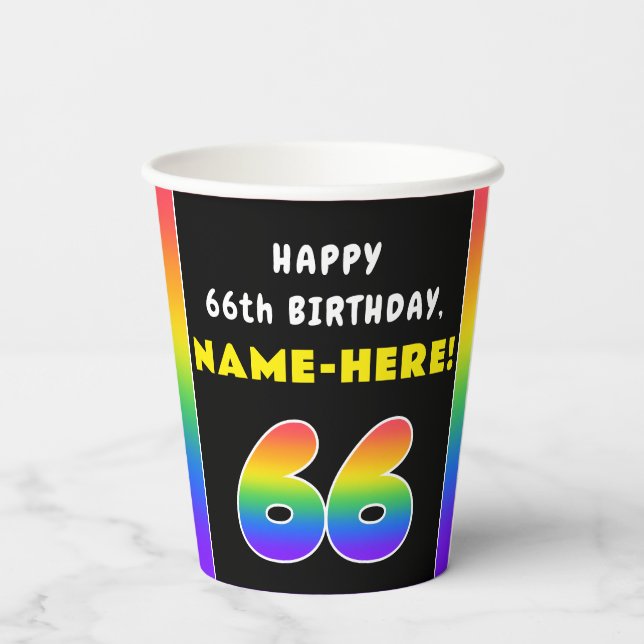 66th Birthday: Colourful Rainbow # 66, Custom Name Paper Cups (Back)